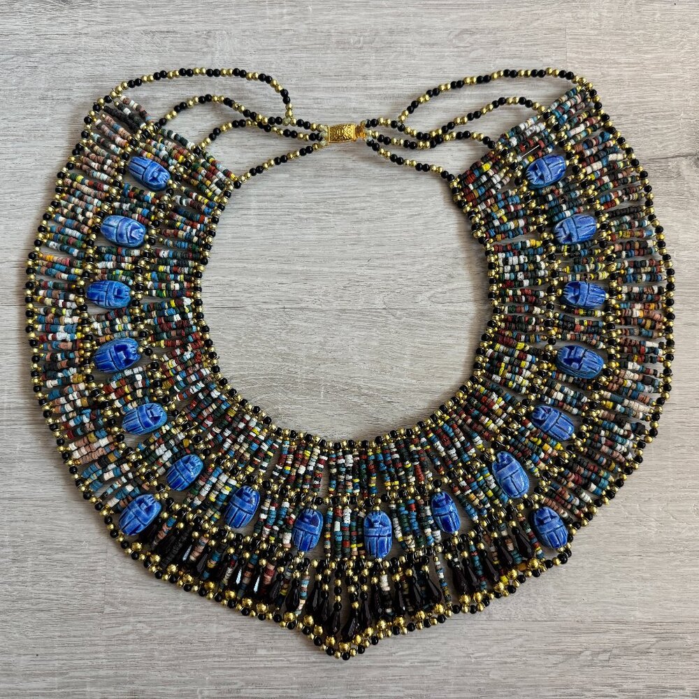 Egyptian Cleopatra Style Collar Necklace with 18 Scarabs